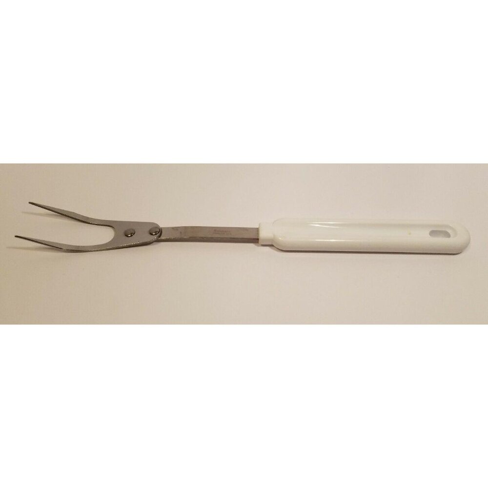 Robinson Knife Stainless Steel Meat Fork 2 Wide Prong 11" White Handle Vintage
